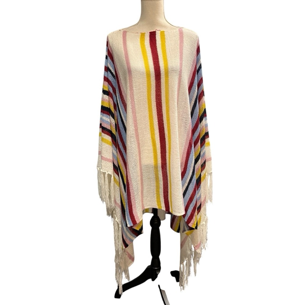 And The Why‎ Sweater Poncho S/M Rainbow Striped Open Knit Fringe Boho Festival
